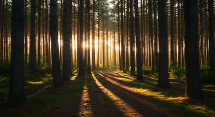 Obraz premium Golden Morning Light Streaming Through a Peaceful Pine Forest Trail – Serene Nature Landscape and Woodland Path