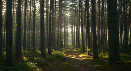 Fototapeta premium Peaceful Forest Path Under Soft Morning Light – Serene Pine Woods with Mist and Gentle Sunbeams