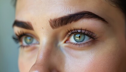 Fototapeta premium Close-up of woman face. Gorgeous green eyes with long lashes and perfect eyebrows. Healthy skin, flawless makeup, beautiful natural look. Beauty, skincare concept. Botox for eyebrows. Aesthetic.