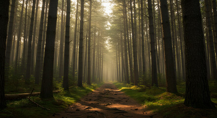 Naklejka premium Forest Under Soft Morning Light – Serene Pine Woods with Gentle Sunbeams