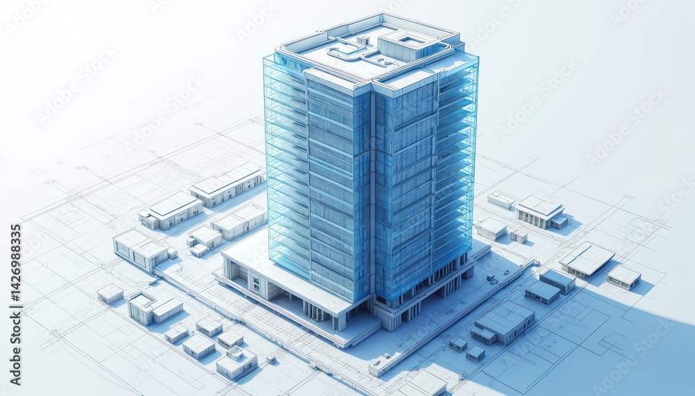 Poster illustration of modern building blueprint with three-dimensional effect. construction concept of sky