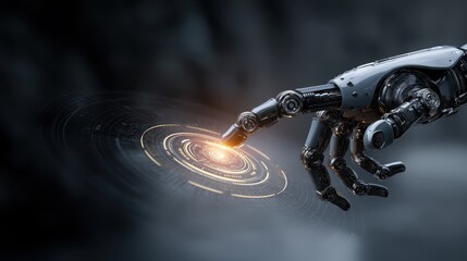 Robotic hand interacting with glowing holographic interface, showcasing advanced ai technology against dark technological backdrop