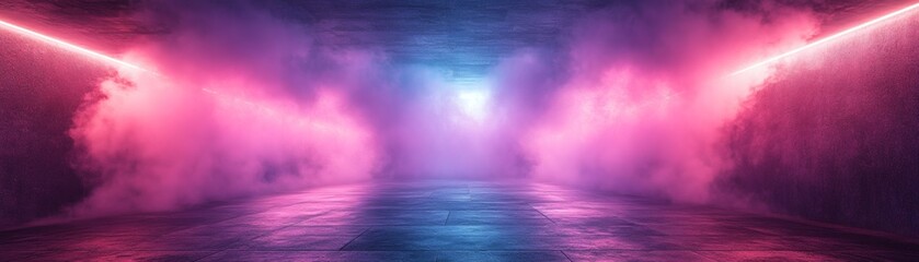 Obraz premium Neon light tunnel, pink and blue neon lights, abstract background, dark background, vibrant colors, futuristic background, glowing, bright, dark, mysterious, atmospheric, smoke, fog, vapor.
