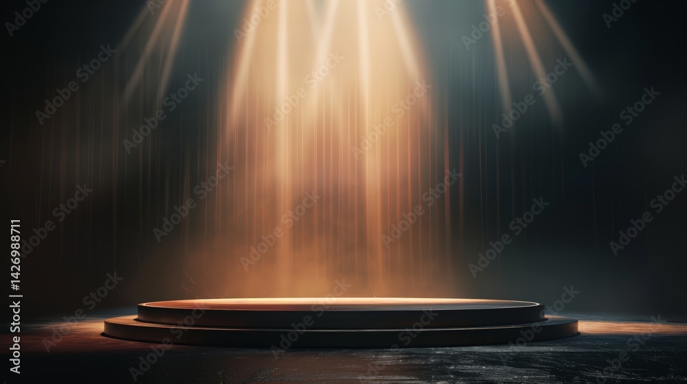 Poster spotlight beams create a dramatic atmosphere over a circular table setup and sleek podium, ideal for