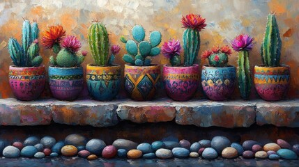 A vibrant collection of potted cacti, blooming with colorful flowers, adorn a stone ledge. Each cactus features a unique design in its pot.