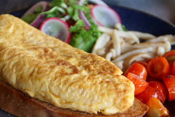 A freshly cooked omelette sits on a slice of toasted bread, served with cherry tomatoes and a colorful mixed salad. 