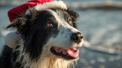 Fototapeta premium Cheerful border collie wearing santa hat, sitting outdoors with snowy blurred landscape, expressing playful holiday spirit and canine joy