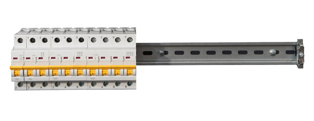 Modular circuit breakers with yellow switches on DIN rail