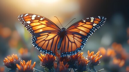 Fototapeta premium A vibrant butterfly resting on a flower its wings catching the warm sunlight