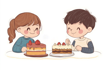 Two joyful children sharing slices of strawberry cake while chatting happily at a table, embodying the spirit of friendship and fun