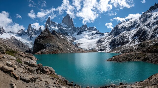 Majestic mount fitz roy rising above turquoise waters, revealing dramatic patagonian wilderness in los glaciares national park, argentina's stunning mountain landscape