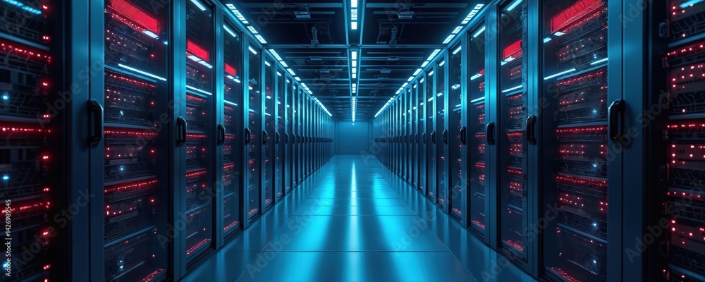 Aufkleber Data center server room with network equipment. Rows of server racks with blinking lights. Cyber security, data storage, cloud computing, information technology concept. Blue, red colors.