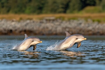 Dolphins leaping from water surface wildlife mammals