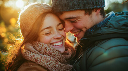 Obraz premium Intimate moment between couple sharing laughter in golden sunset light, both dressed in winter layers.