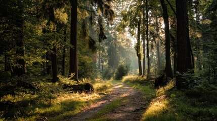 Fototapeta premium Soft golden rays piercing woodland canopy highlighting verdant forest trail, gentle morning light casting serene shadows on winding woodland path