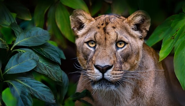 photo of a lion panther between green and brown leaves