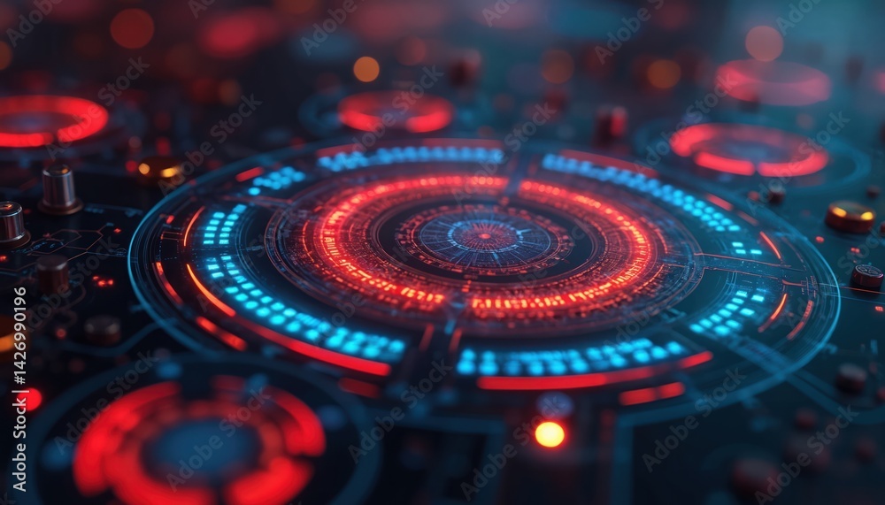 Aufkleber Abstract futuristic tech interface with circular red and blue elements on dark background. Digital data streams, virtual reality, modern design. High-tech illustration for tech, AI, network, data.