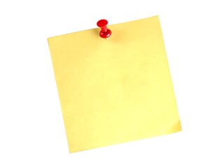 Yellow Sticky Note with Red Push Pin on White Background