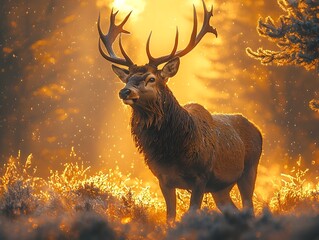 A majestic stag stands amidst the golden light of a misty forest