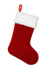 A red Christmas stocking with a white faux fur cuff and red ribbon loop, isolated on a transparent background.