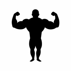 Muscular bodybuilder silhouette showing off biceps strong fitness black shape vector illustration