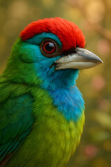 A stunning, hyper-realistic close-up portrait of an exotic bird captured in vivid detail. This digital artwork showcases the bird&rsquo;s intricate feather texture, vibrant coloration, and intense eye focus