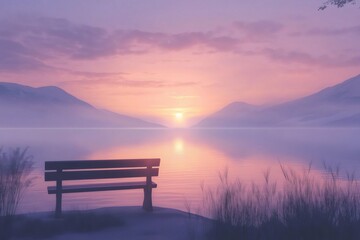 Wooden bench sits on shore of misty lake at sunrise, offering peaceful view of mountains and colorful sky