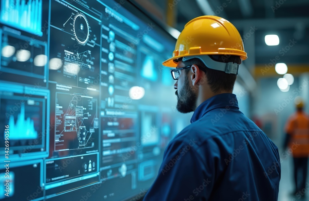 Aufkleber engineer controls high-tech digital technology systems industrial plant. man in a hard hat examines 
