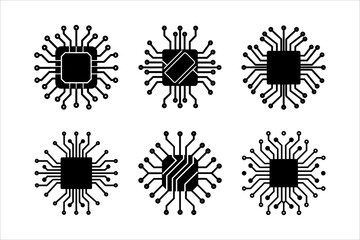 Black and white microchip icon set technology components for circuit board design