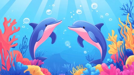 Fototapeta premium The illustration features two baby puffer fish, both looking adorable and happy.