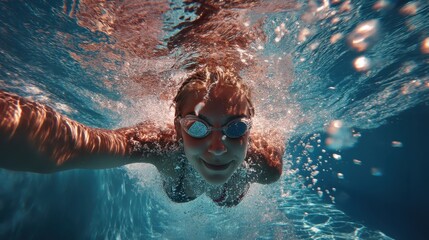 Fototapeta premium Swimmer performing freestyle stroke underwater, wearing goggles and gliding through sunlit pool, surrounded by bubbling water