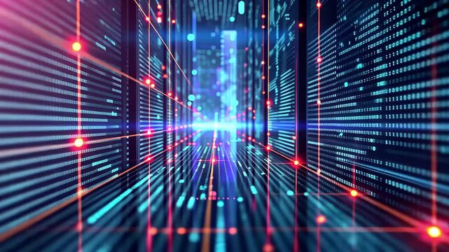A vibrant, futuristic data center pulses with digital binary code as advanced AI algorithms process data in real time, highlighting a technological revolution