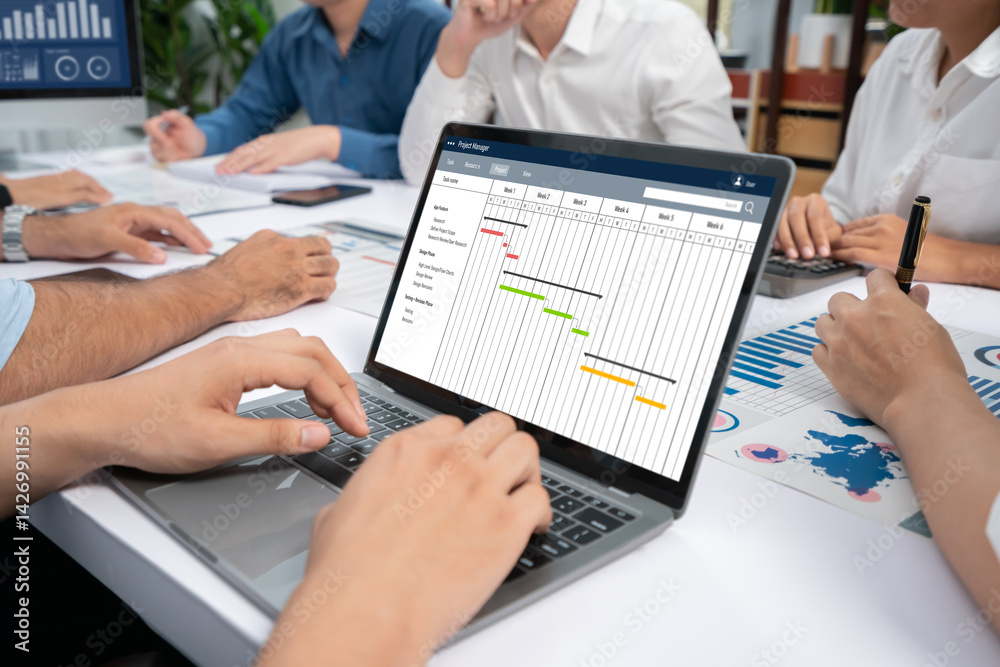 Poster Project planning software for brisk business project management on the computer screen showing timeline chart of the team project