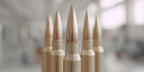 Conveyor belt industrial plant with firearm live ammunition. Weapons Military production. Brass bullet shells, ammo manufacturing. Factory line with weapon cartridges.