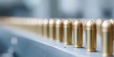 Conveyor belt industrial plant with firearm live ammunition. Weapons Military production. Brass bullet shells, ammo manufacturing. Factory line with weapon cartridges.