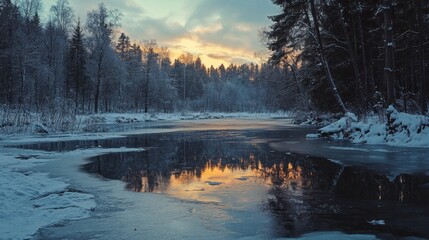 Fototapeta premium Snowy Winter River Through Forest During Sunset With Golden Sky Reflections and Peaceful Atmosphere