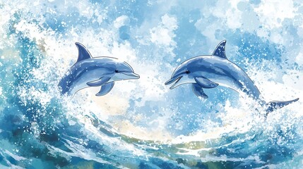 Fototapeta premium The illustration shows two cute dolphins joyfully jumping out of the sea, creating a lively and playful scene.
