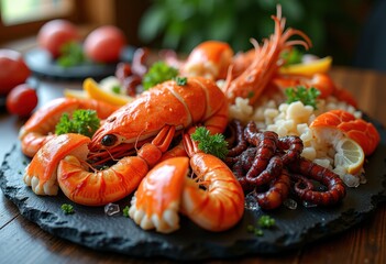 vibrant seafood platter colorful shellfish shrimp crab lobster salmon fresh fish octopus gourmet arrangement slate texture table, scallop, cocktail, prawns