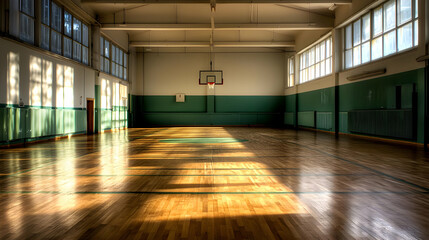 Fototapeta premium Empty Basketball Court In Sunny Gym