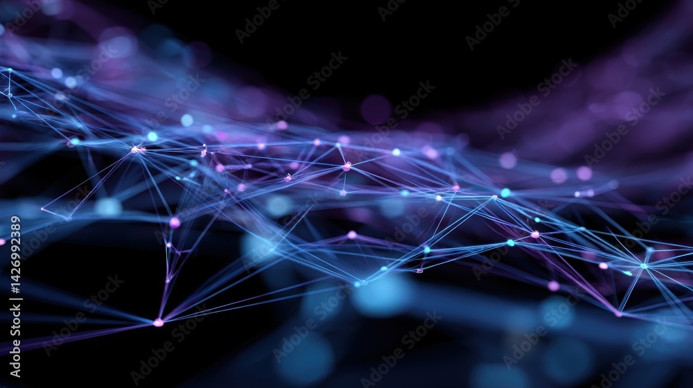 Poster digital network pattern with luminous interconnected lines and nodes, representing technological con