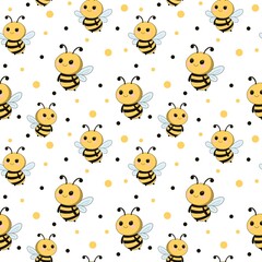 Fototapeta premium Seamless pattern with cute cartoon bee, polka dots on a white background