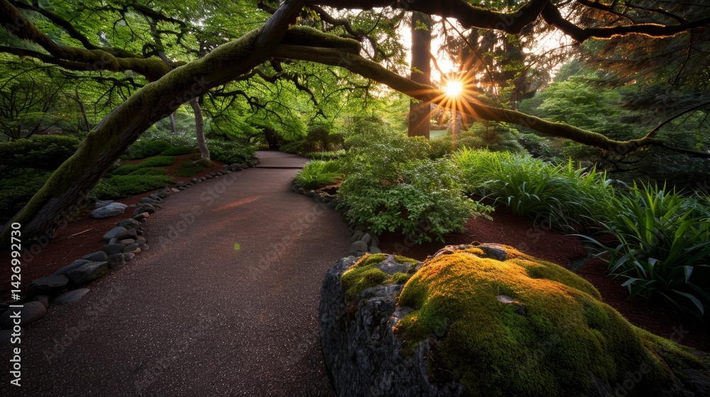 Leinwandbilder a sunlit garden path winds under a mossy stone arch, with golden light filtering through branches, c