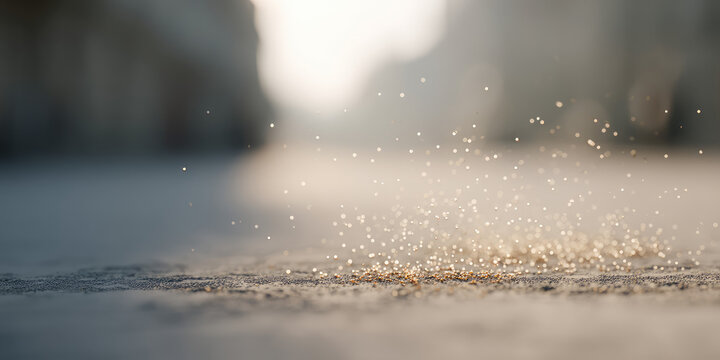 Particles of flower pollen fly in the air on a city street. Spring blossoms, aggravation of allergies in allergy sufferers