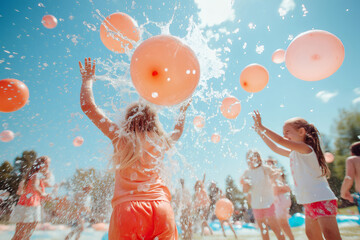 Kids laughing and splashing during a lively water balloon fight on a bright summer day, enjoying the outdoors with friends