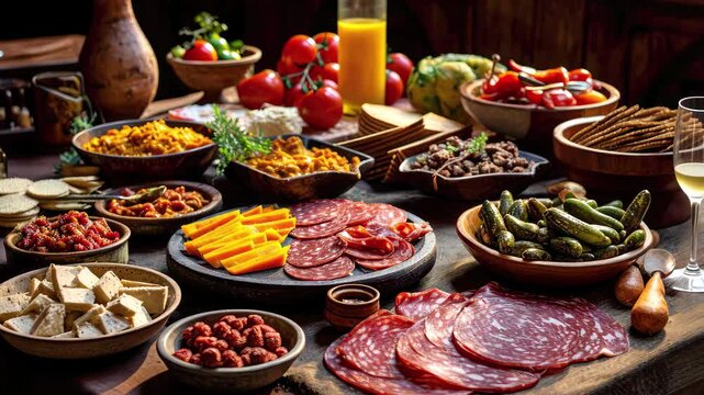 A rustic picada spread featuring various finger foods, cheeses, cured meats, and vegetables, served in a traditional setting with natural lighting and warm tones