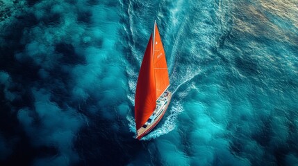 A sailboat gracefully navigating through the ocean waves. The vibrant orange sail is contrasted by the deep blue waters, creating a dynamic and captivating scene