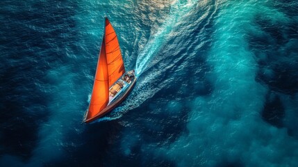A sailboat sails through the turquoise ocean water. The sailboat has a large red sail, and the water is crystal clear. The photo is taken from an aerial view.
