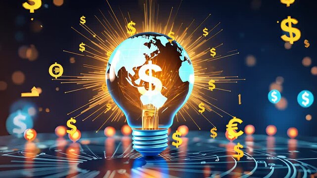 Glowing light bulb with dollar signs and world map inside, representing global finance, wealth, and currency.

