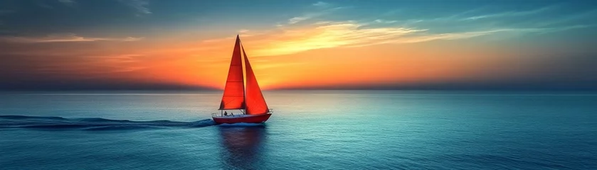 Fototapete Fotos A sailboat sails on the sea, bathed in the beautiful light of the sunset. The sailboat has red sail and a majestic sky in background  © Tichakon