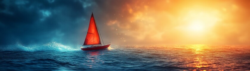Obraz premium A lone sailboat with a bright red sail glides through a turbulent sea, with a sun setting in the distance. The sky is a mesmerizing blend of blue and orange hues.